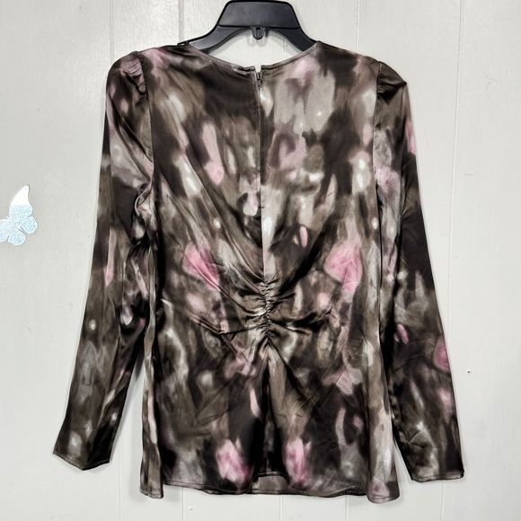Ann Taylor Silk Blend Size 6 Brown Pink Floral Print Long Sleeve Blouse Top New - Picture 6 of 10